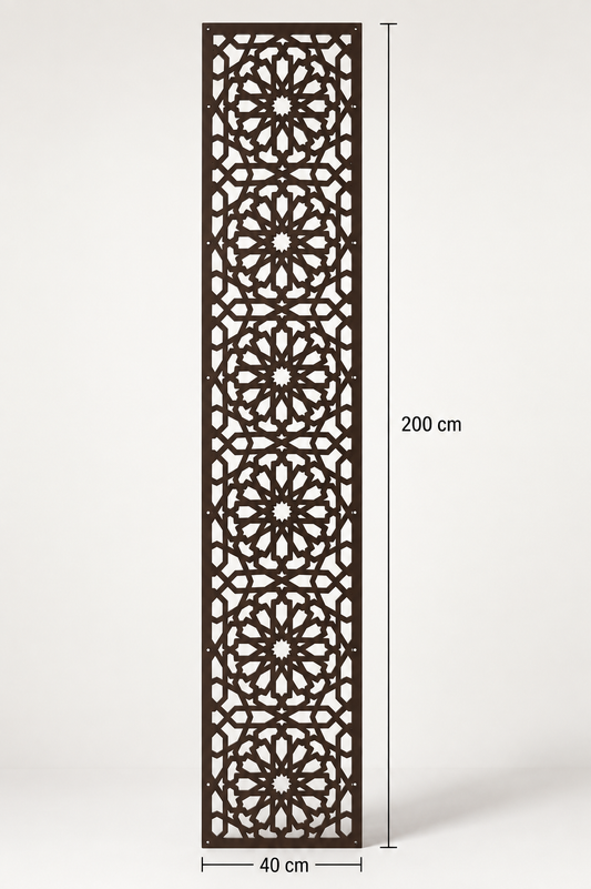 Celosía árabe de madera con corte láser marrón chocolate | Panel decorativo calado marroquí 200x40 cm
