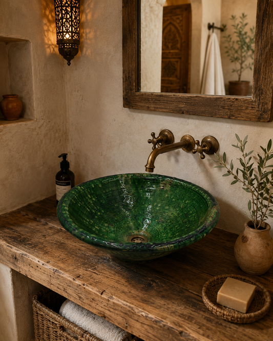 Lavabo Artesanal de Cerámica Tamgrout Verde | Lavabo Marroquí Sobre Encimera 37 cm - Decoración marroquí