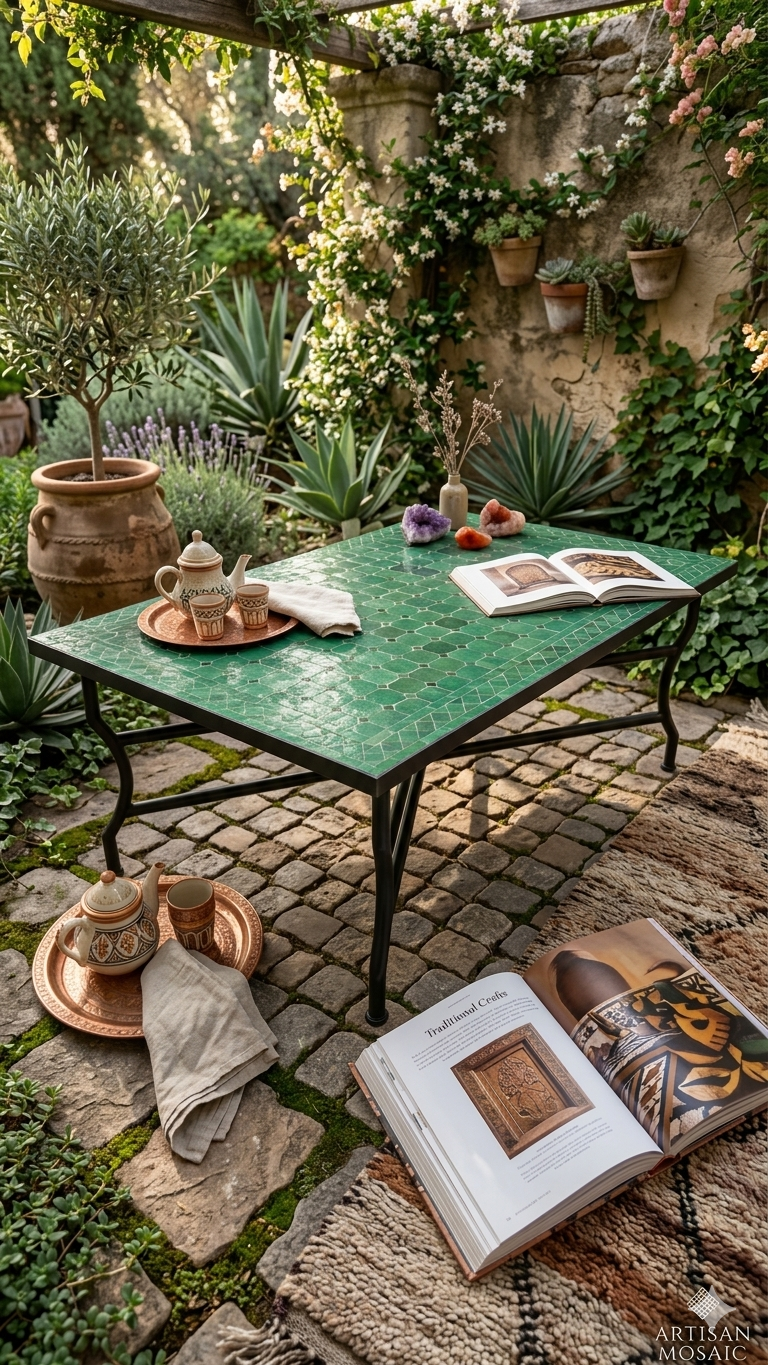 Mesa de mosaico marroquí artesanal verde esmeralda 120x75cm para terraza y jardín 3