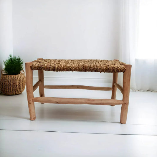 Banco Artesano de Madera y Esparto - Estilo Rústico Marroquí para tu Hogar - Decoración marroquí artesanal y cosmética natural
