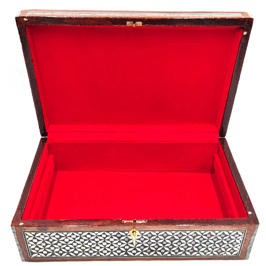 Joyero Artesanal de Taracea con 2 Niveles | Incrustaciones de Madera y Nácar | Forrado en Terciopelo Rojo