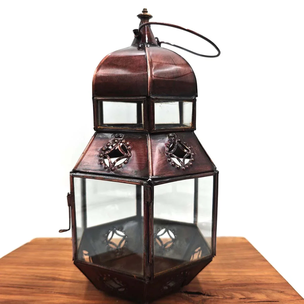 Farol Marroquí Artesanal en Cobre - 25 cm - Decoración Andalusí con Asa para Velas - Decoración marroquí artesanal y cosmética natural