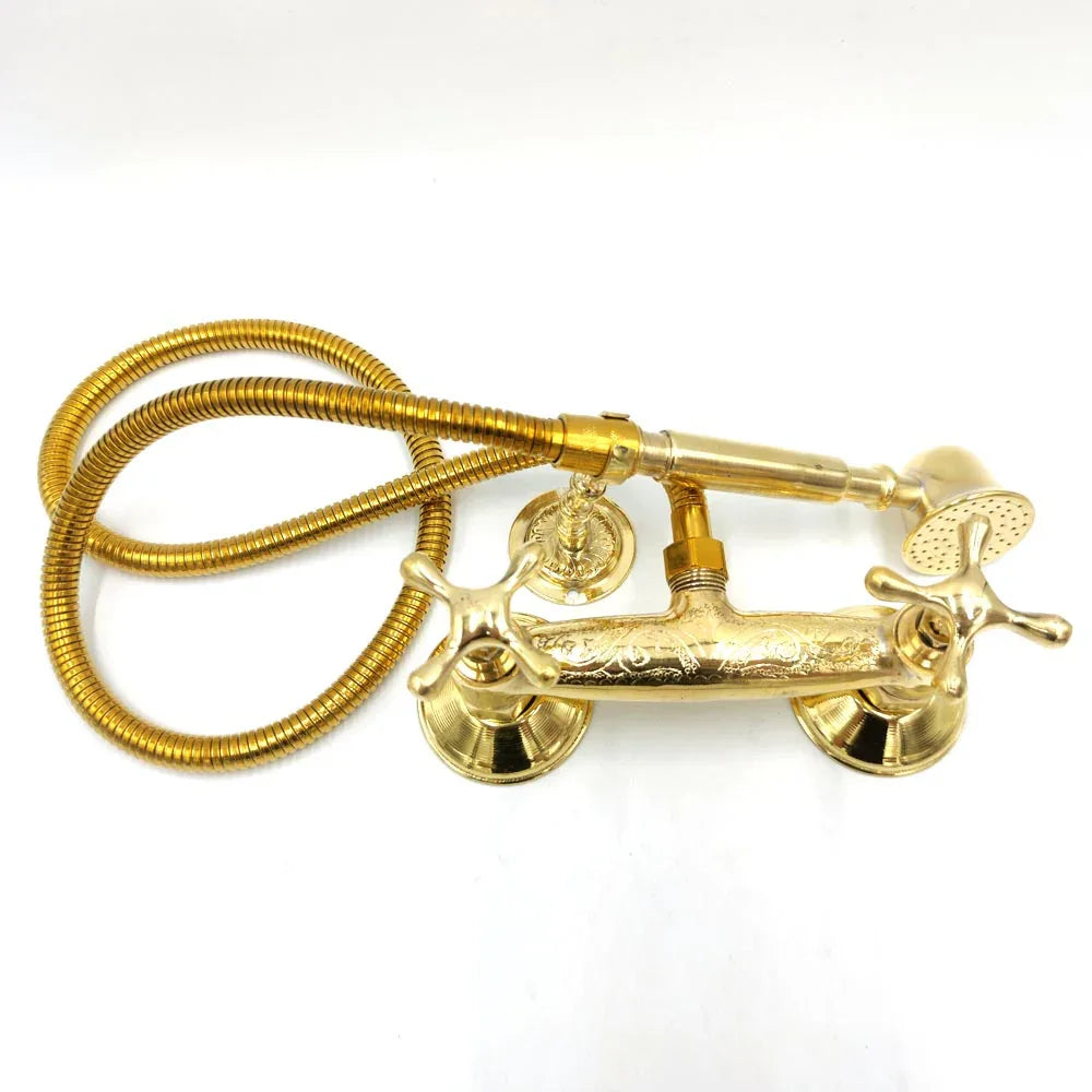 Grifo Ducha Marroquí de Latón Dorado con Decoraciones Artesanales de Marruecos - Modelo Marrakech - Decoración marroquí artesanal y cosmética natural