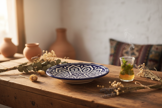 Platos marroquíes azul cobalto decoración lifestyle mesa con té marroquí estilo boho andalusí