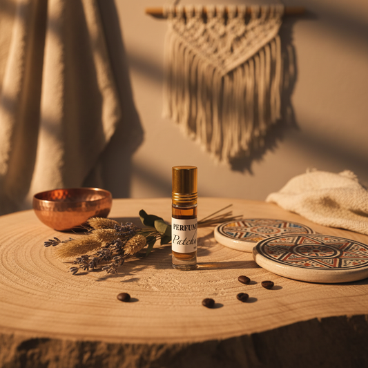 Perfume patchouli natural en ambiente lifestyle con decoración marroquí y flores secas