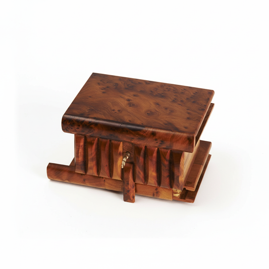 Caja secreta marroquí cerrada - vista frontal con tallados geométricos artesanales