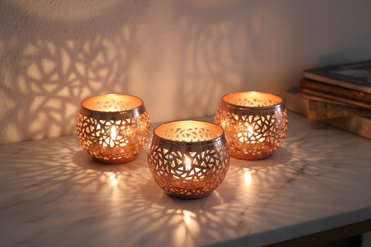 Portavelas de latón calado cobre con velas encendidas - Efecto de luz y sombra árabe