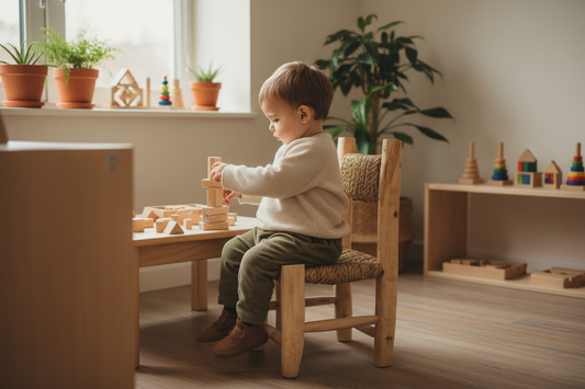 Niño sentado en silla infantil marroquí madera esparto ambiente Montessori acogedor