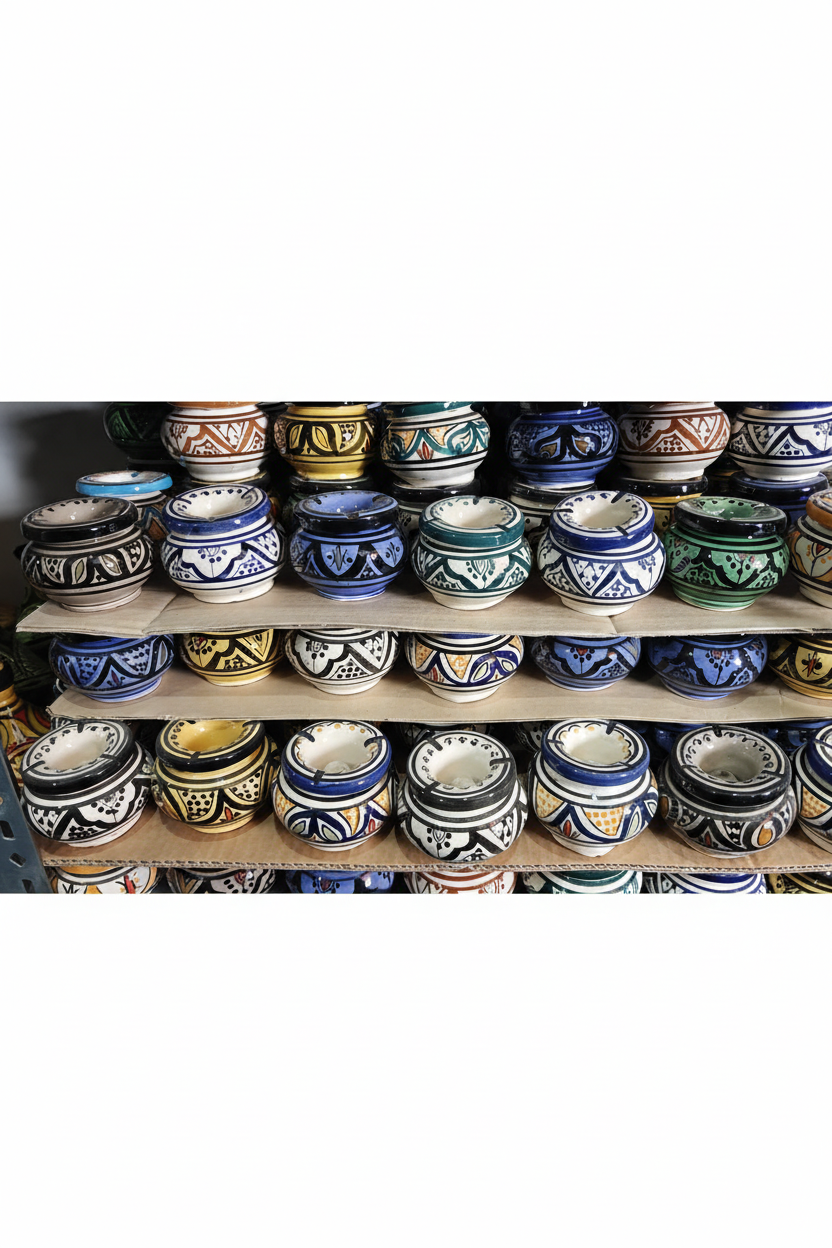Colección de ceniceros artesanales marroquíes de Safi con patrones geométricos islámicos