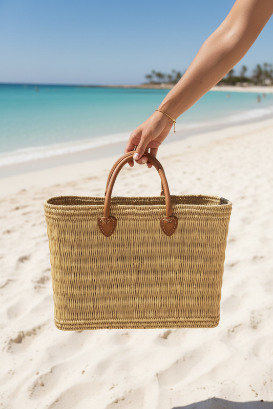 Capazo de mimbre natural con asas de cuero siendo usado en la playa, arena blanca y agua turquesa de fondo