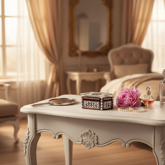 Cajita ovalada nacar egipcia en tocador elegante - joyero taracea artesanal con terciopelo