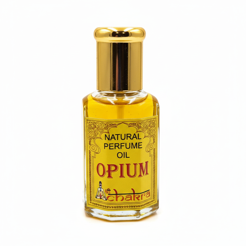 Aceite de Perfume Natural Chakra Opium 10ml sobre fondo blanco profesional - Fotografía de producto de cosmética natural oriental