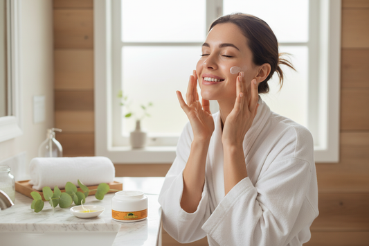 Mujer aplicando Crema Argán Marroquí - Rutina facial anti-edad cosmética natural lifestyle