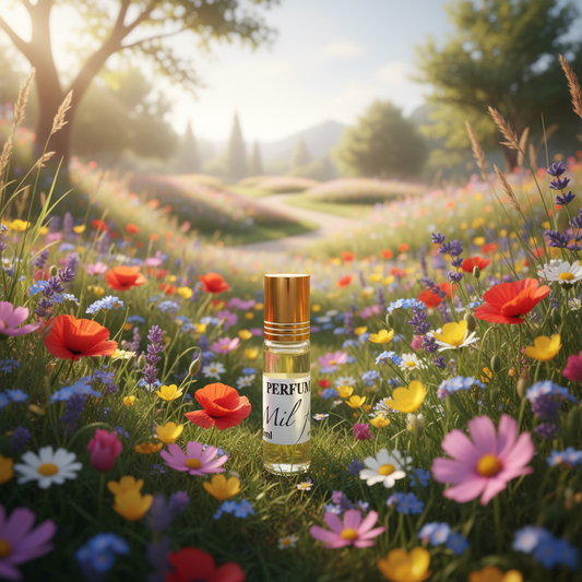 Perfume mil flores natural 6ml en ambiente lifestyle con flores silvestres de colores