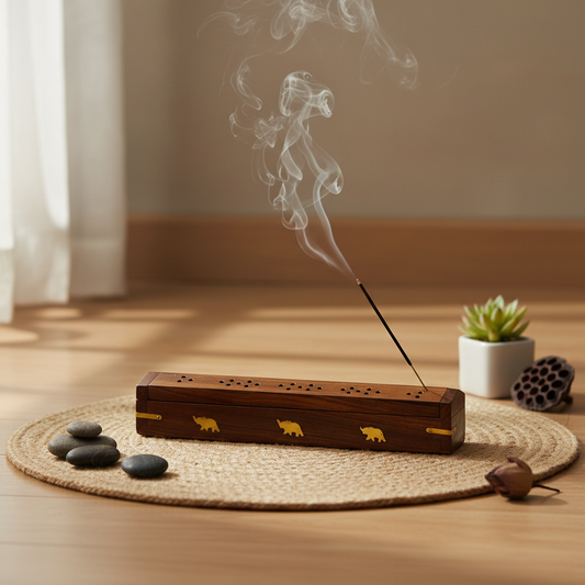 Incensario baul madera con incienso encendido ambiente zen - quemador varillas con compartimento almacenaje