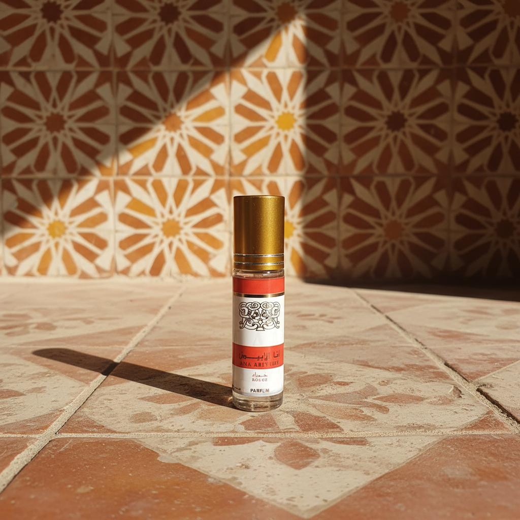 Perfume Ana Abiyedh Rouge estilo andalusí sobre azulejos marroquíes con ambiente cálido artesanal