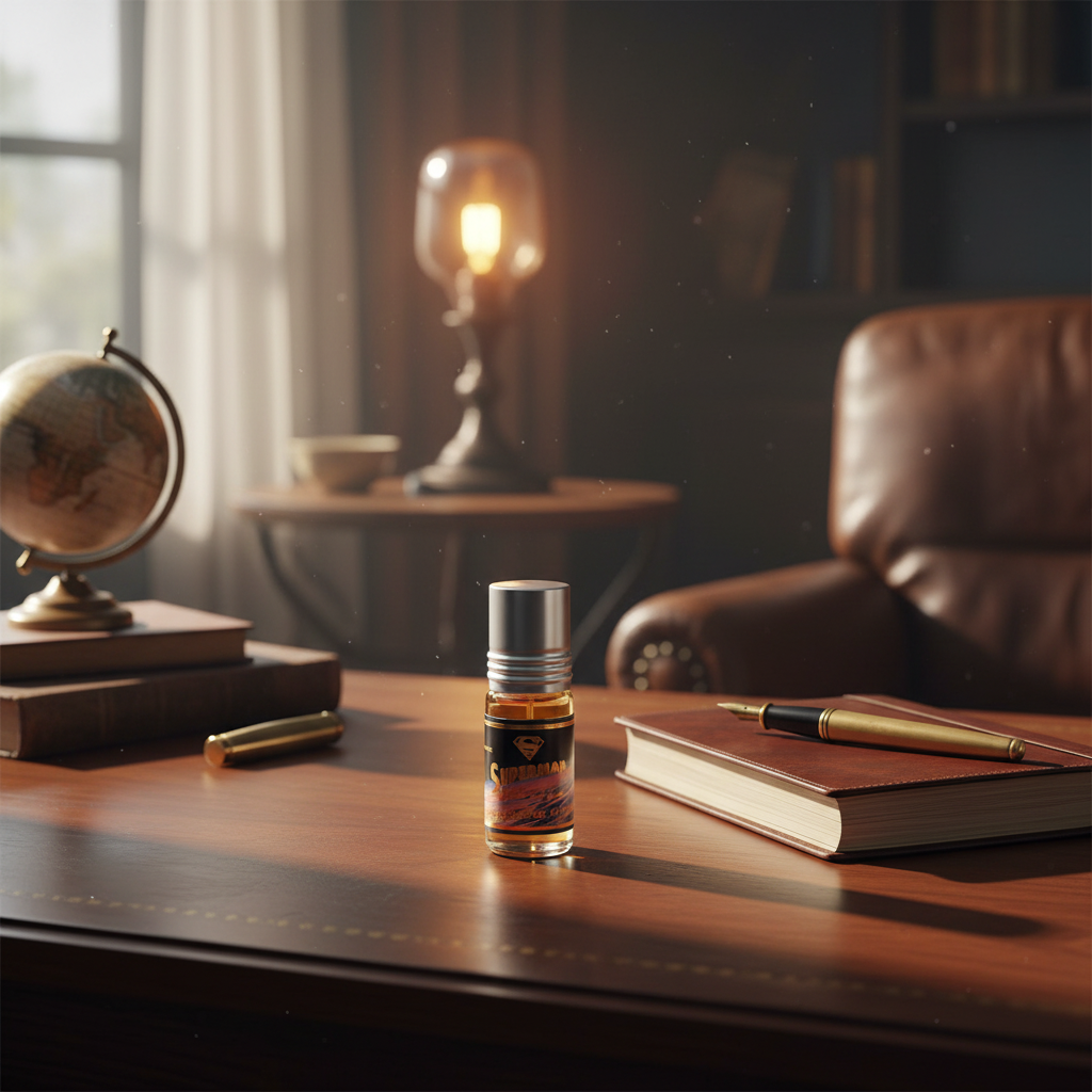 Perfume Superman 3ml en ambiente lifestyle masculino con ámbar y madera - fragancia oriental