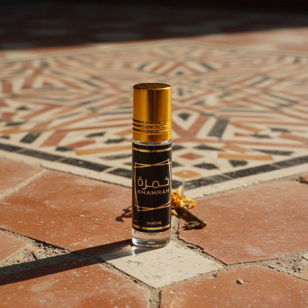 Perfume Khamrah estilo andalusí sobre azulejos marroquíes con ambiente cálido artesanal
