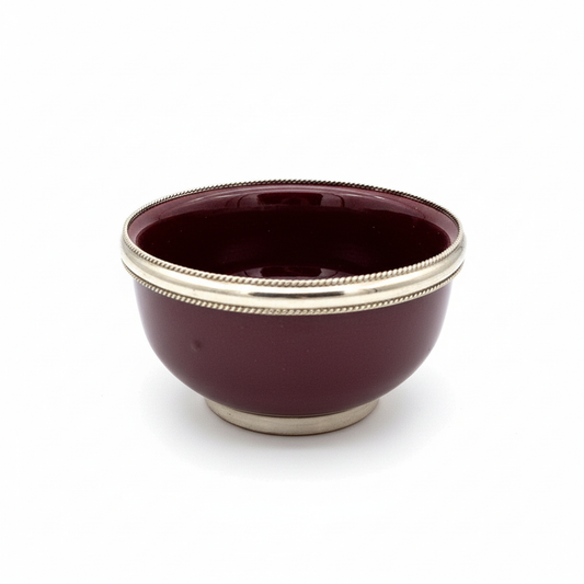 Cuenco especiero artesanal granate oscuro con borde alpaca plateada - cerámica marroquí Kadah decoración elegante cocina