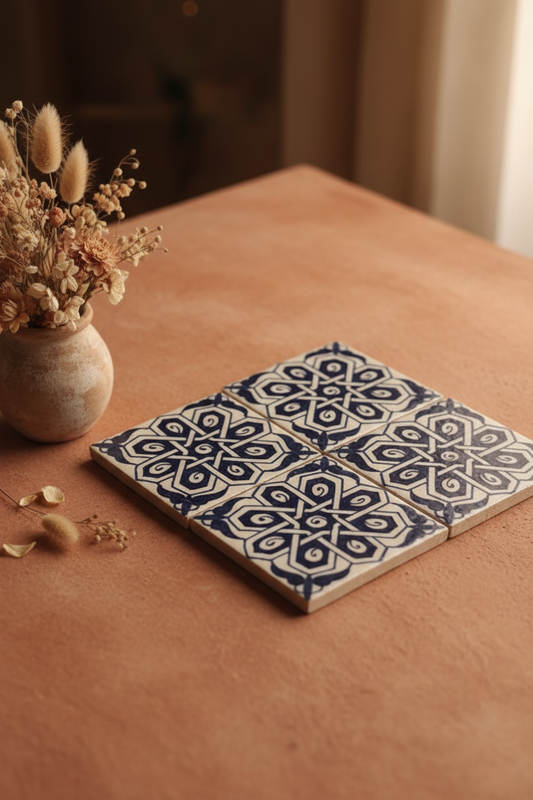 Azulejos andalusíes Nasrid artesanales en escena lifestyle sobre superficie de terracota con jarra de barro y flores secas