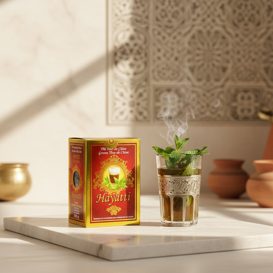 Caja Hayatti AAAAA con vaso de té moruno y hierbabuena fresca - té verde chino tradicional marroquí
