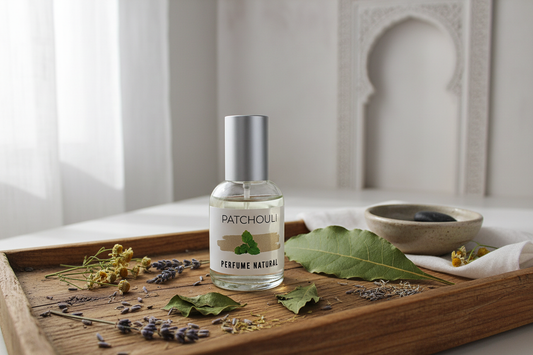 Perfume pachulí natural sobre bandeja rústica con hierbas secas - estética andalusí