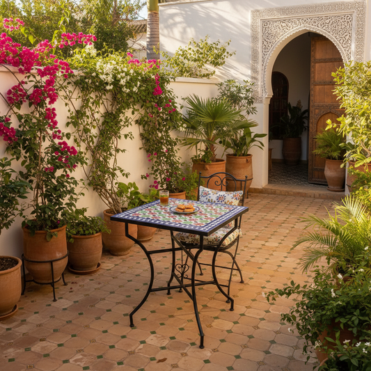 Mesa mosaico marroqui en terraza jardin con plantas - estilo andalusi zellige Fez 60x60cm