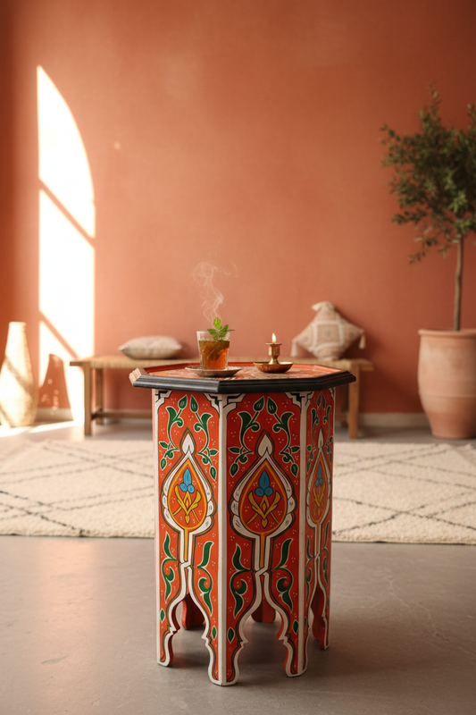 Mesa auxiliar octogonal marroquí pintada a mano - Roja