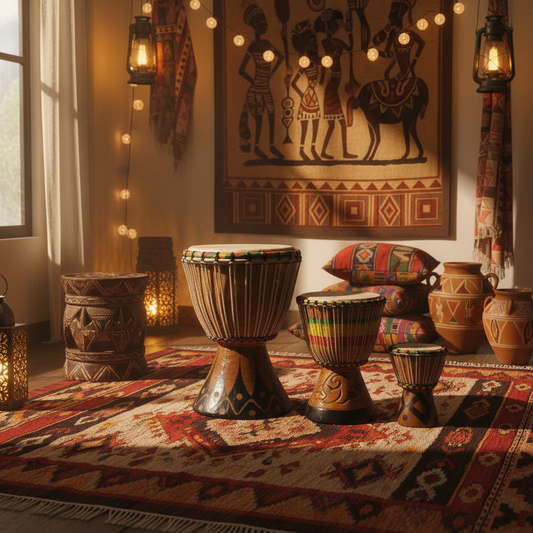 Djembe africano en ambiente etnico tribal - tambor artesanal decoracion percusion