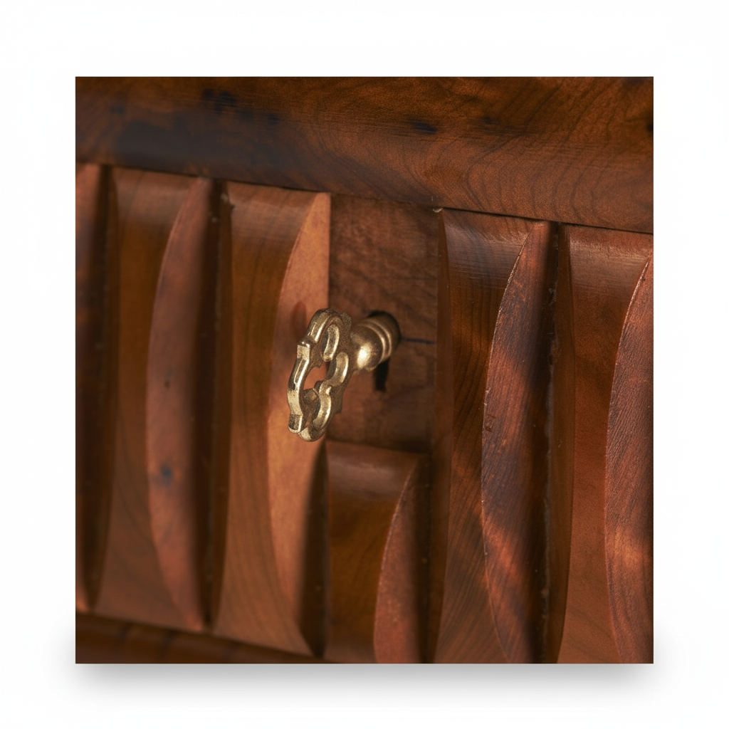Caja mágica secreta de madera Tuya - detalle del cierre de latón y mecanismo oculto