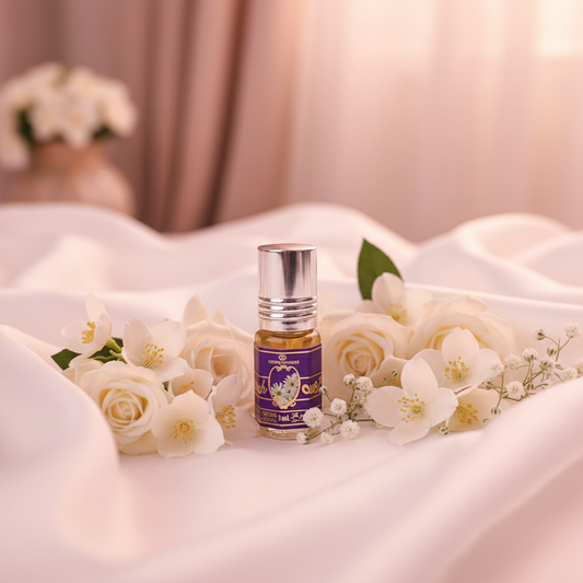 Perfume Aroosah 3ml en ambiente lifestyle con flores blancas - fragancia floral oriental femenina