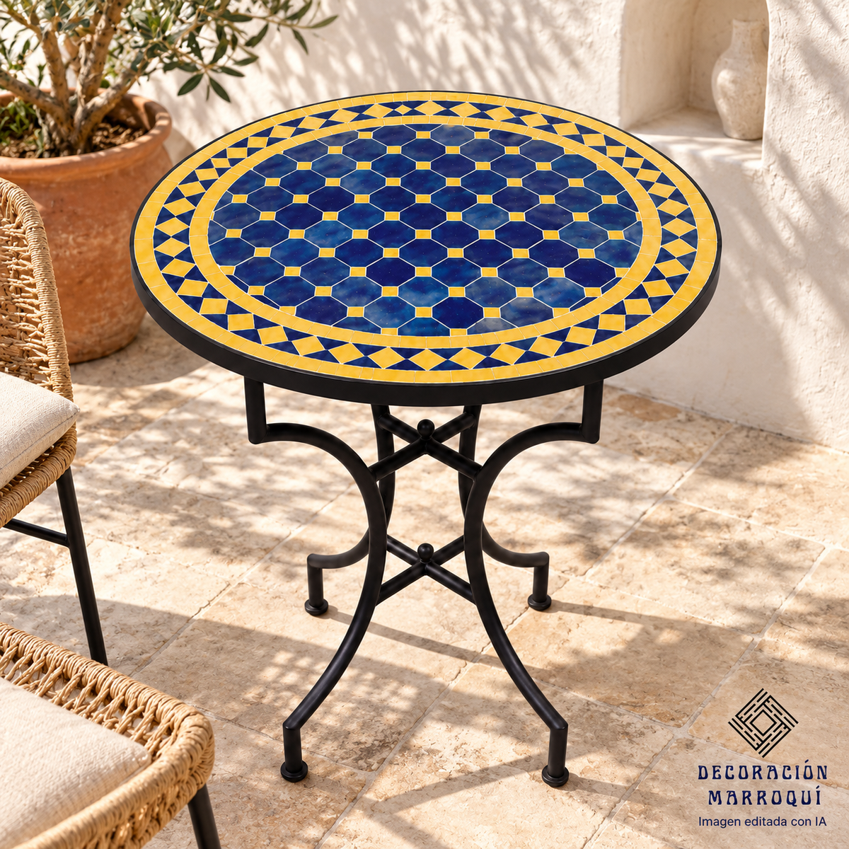 Recreación con IA de mesa artesanal de mosaico azul y amarillo en un patio andalusí con suelo de piedra