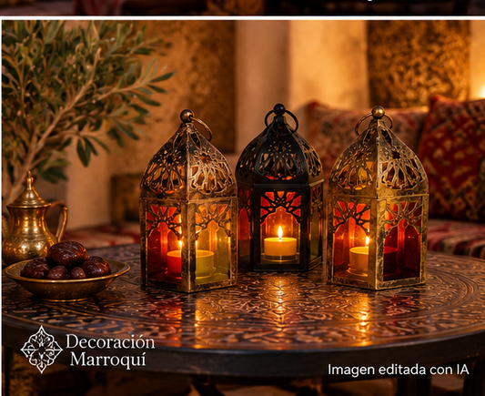 Conjunto de tres farolillos marroquíes en mesa decorativa, escena editada con IA.