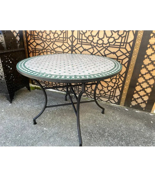 Mesa de mosaico Redonda Verde y Beige Jardín Terraza baja - Decoración marroquí artesanal y cosmética natural
