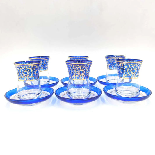 Conjunto de 6 Vasos de Té Turco con Platitos - Estilo Alhambra en Azul y Dorado: Lujo y Tradición Unidos - Decoración marroquí artesanal y cosmética natural