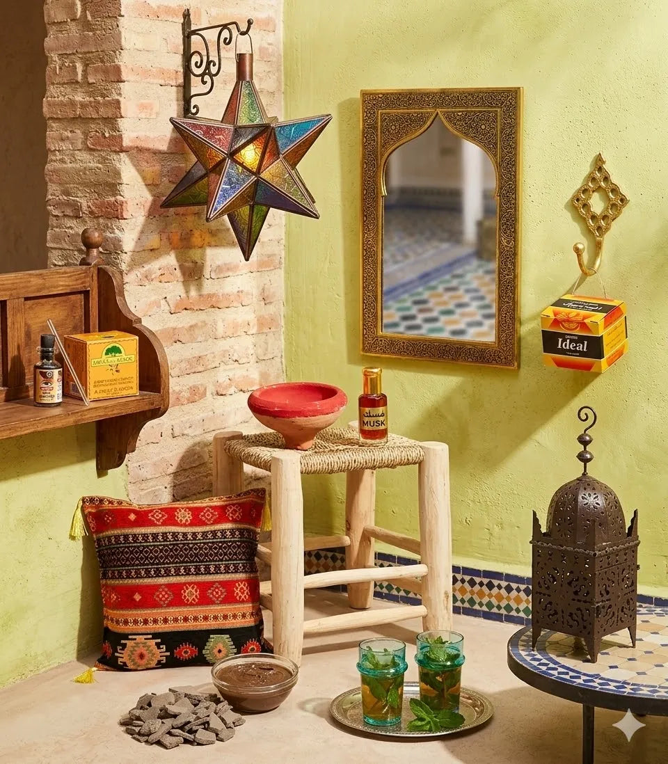 Decoración marroquí andalusí con lámpara estrella, cerámica y artesanía tradicional