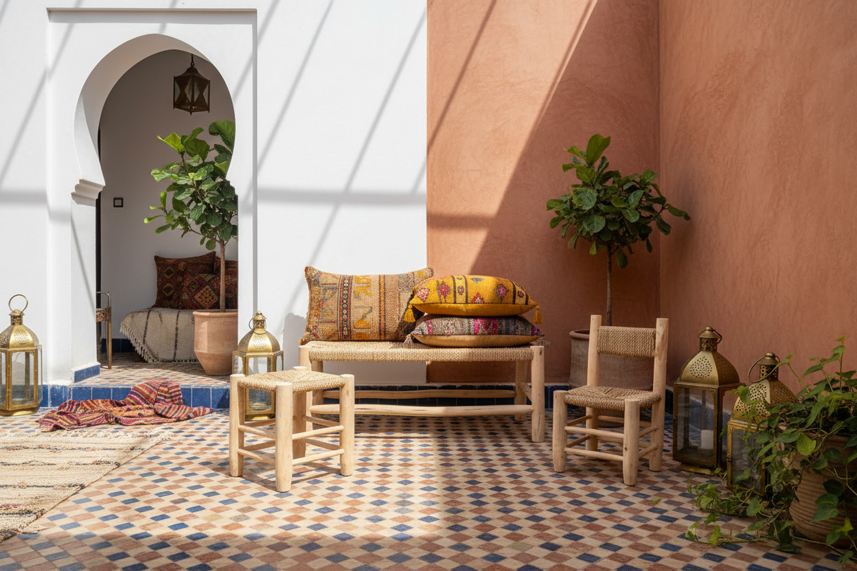 Colección de sillas y taburetes marroquíes artesanales en patio andalusí — madera, esparto y forja
