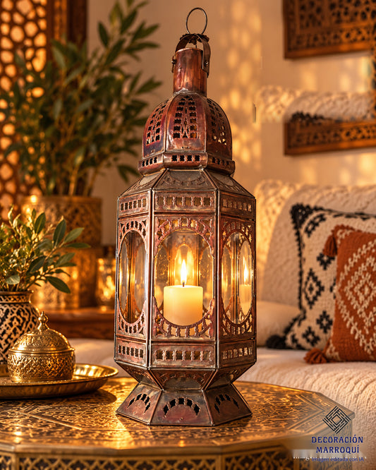 Farol marroquí de cristal con vela decorativa en salón andalusí. Recreación editada con IA.
