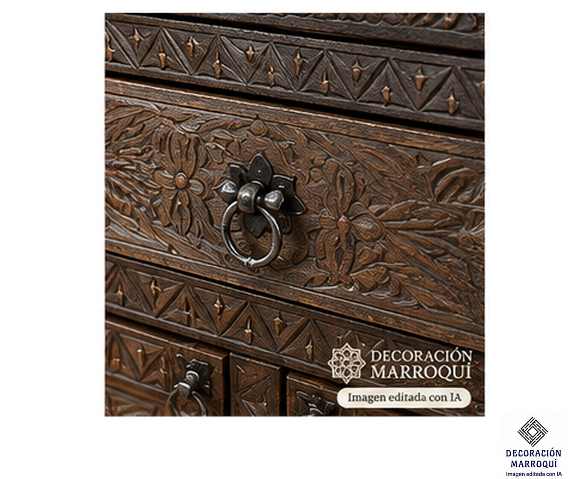 Detalle editado con IA de motivos florales tallados en madera y tirador de anilla del aparador