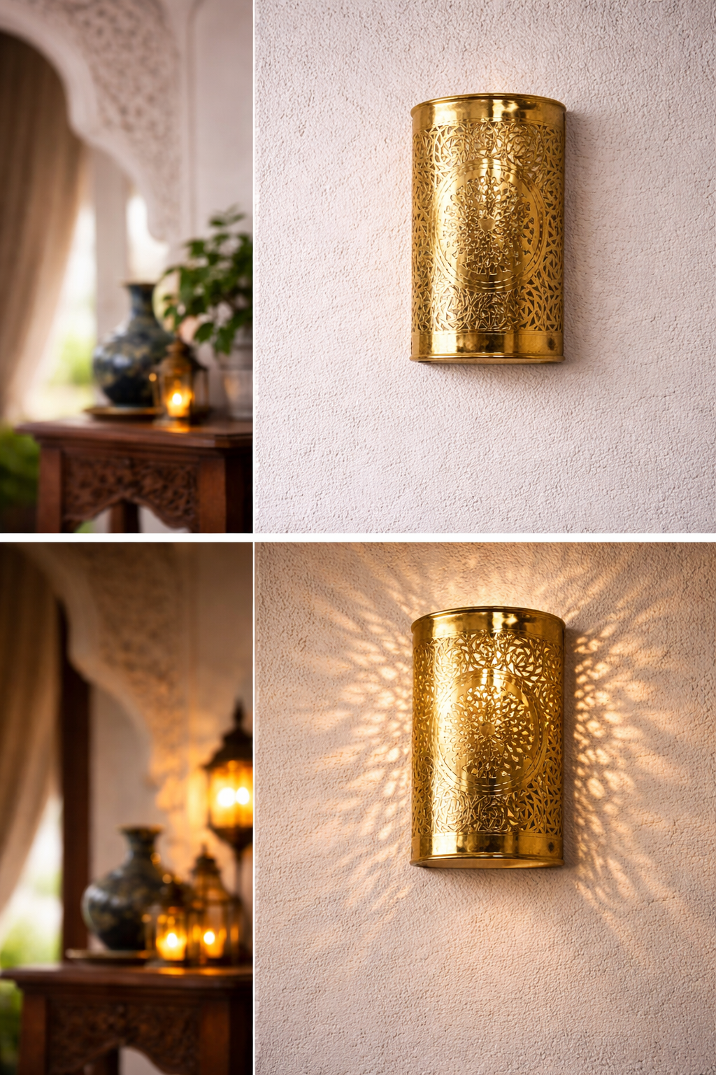 Moroccan Handicraft Gold Brass Cylinder Arabic Sconce to Beautify Your Walls