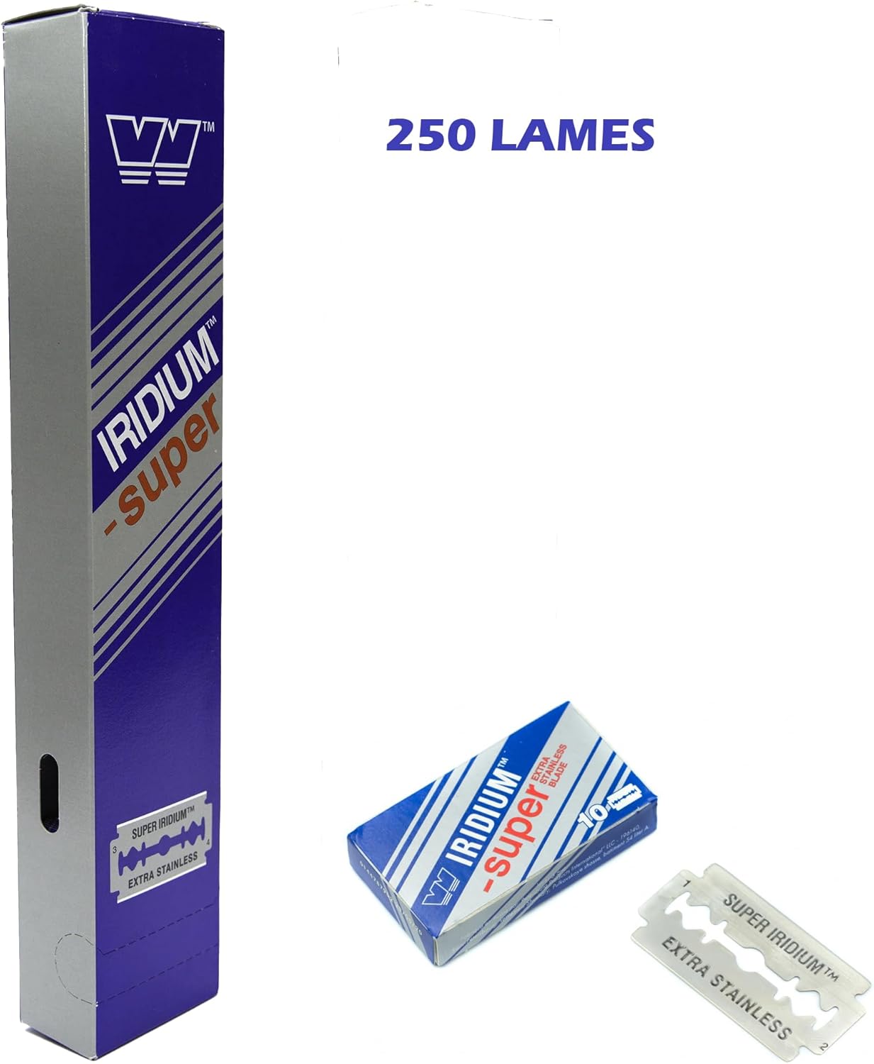 Pack 250 cuchillas de afeitar Wizamet Super Iridium doble filo extra inoxidable, 25 paquetes de 10 unidades