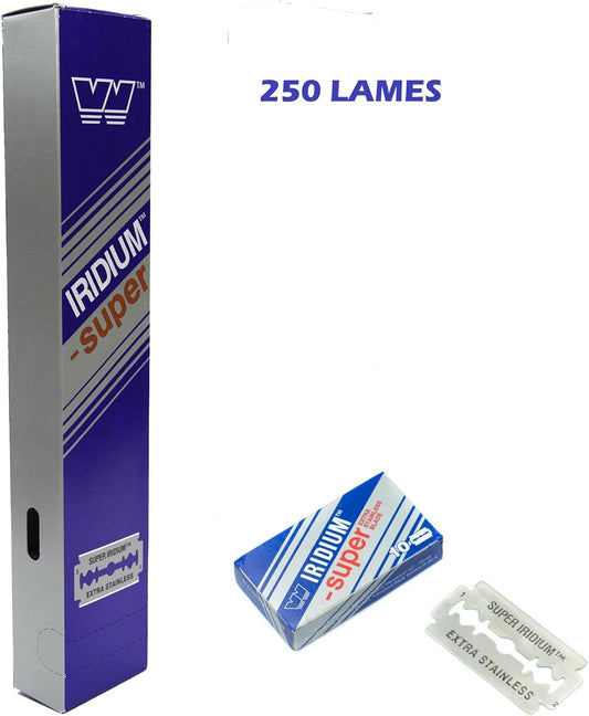 Pack 250 cuchillas de afeitar Wizamet Super Iridium doble filo extra inoxidable, 25 paquetes de 10 unidades
