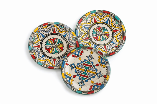 Pack de 3 Platos Marroquíes Artesanales de Fez – Cerámica Decorativa Multicolor