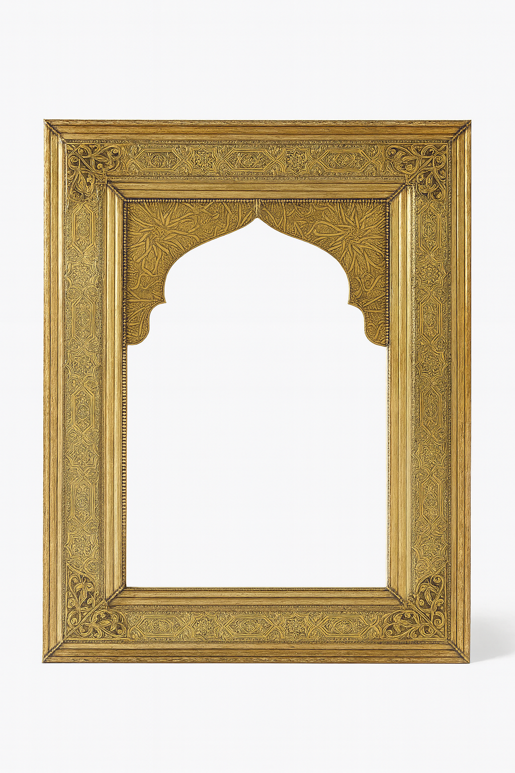 Espejo Decorativo Árabe Marroquí – Modelo Arco Albaicín – Tallado a Mano en Alpaca Dorada