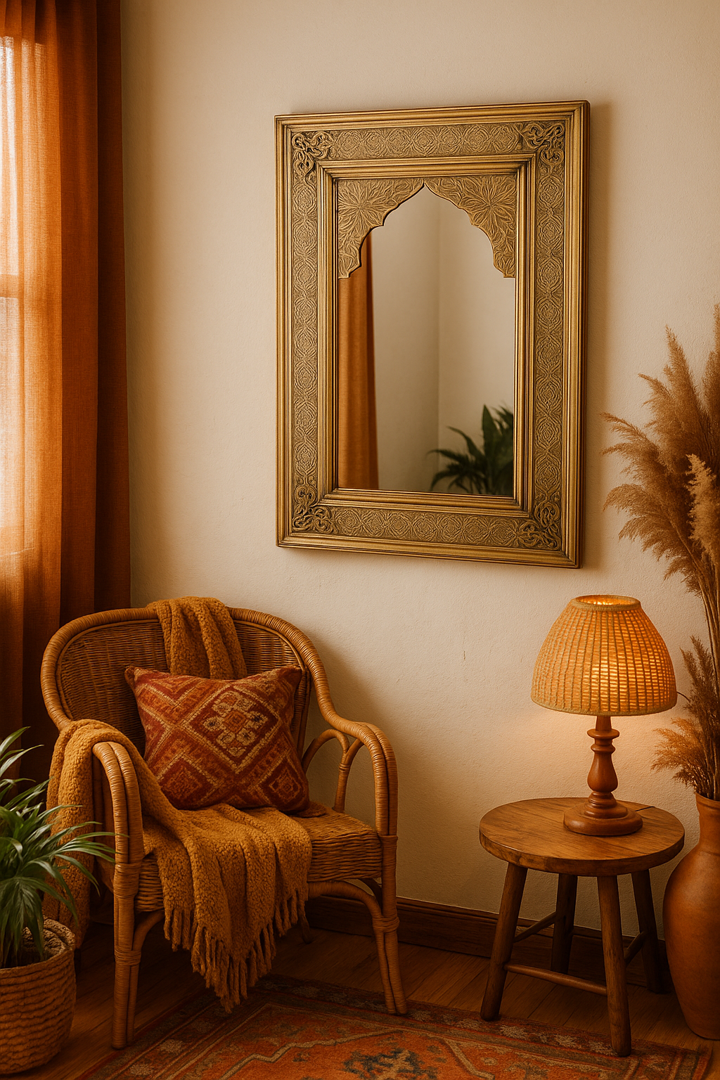 Espejo Decorativo Árabe Marroquí – Modelo Arco Albaicín – Tallado a Mano en Alpaca Dorada