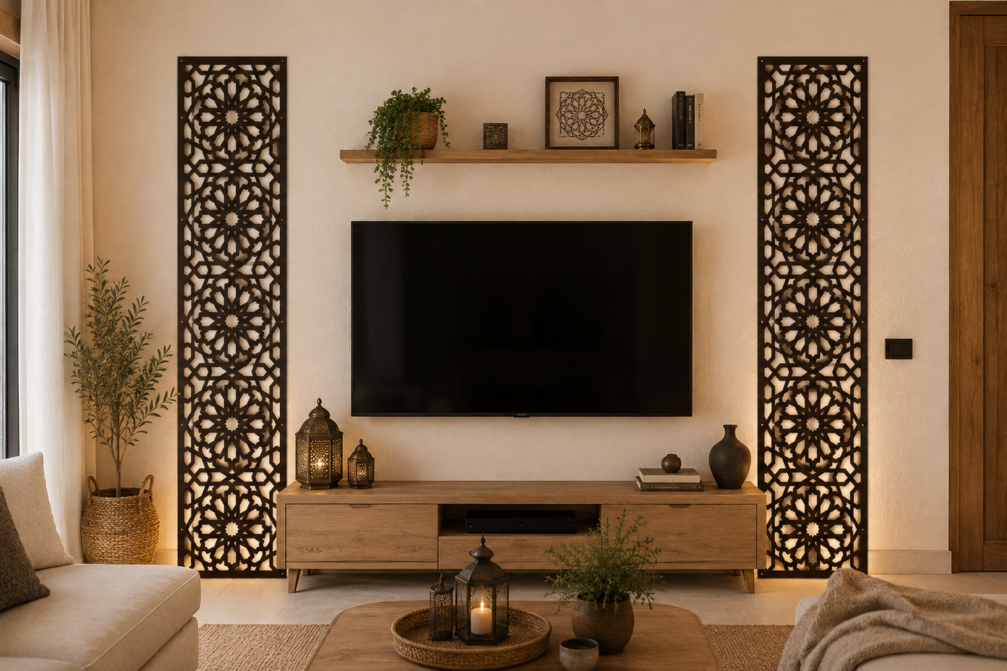 Celosía árabe de madera con corte láser marrón chocolate | Panel decorativo calado marroquí 200x40 cm
