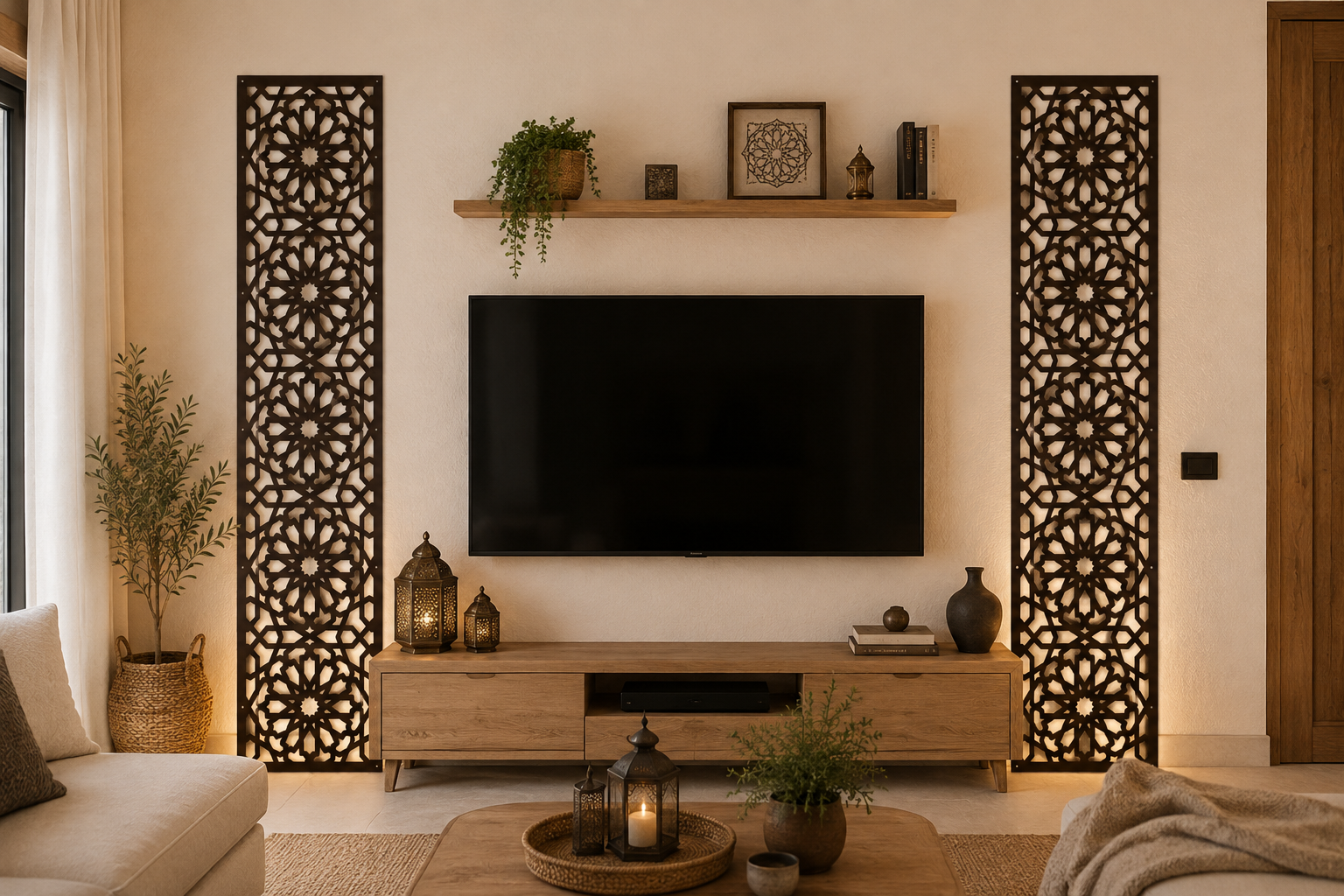 Celosía árabe de madera con corte láser marrón chocolate | Panel decorativo calado marroquí 200x40 cm