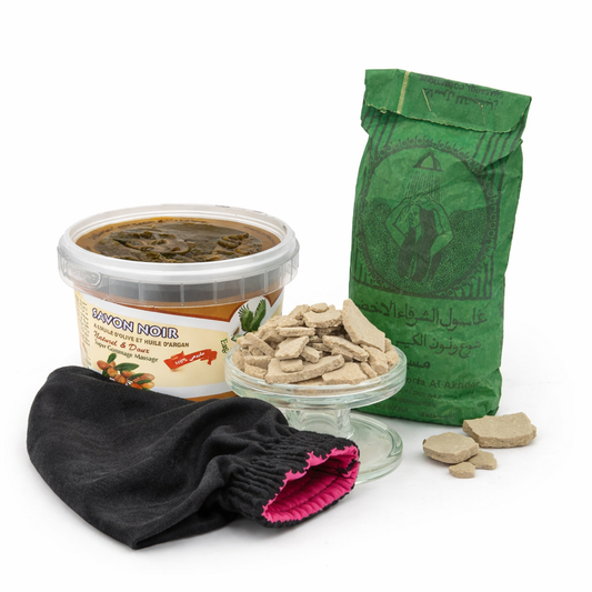 pack ritual hammam arcilla ghasoul jabon negro y  manopla kessa o kessel