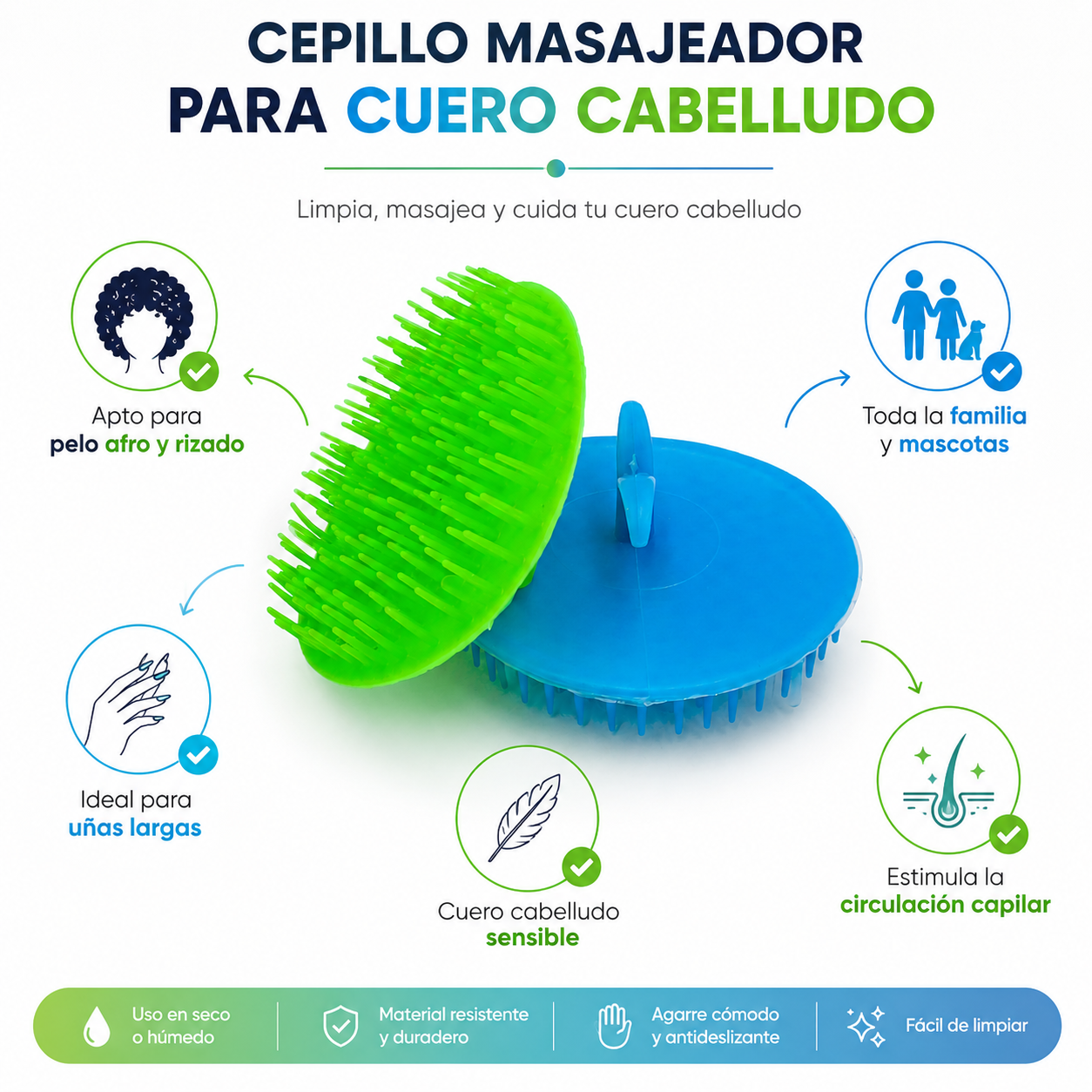 Cepillo Masajeador Cuero Cabelludo – Apto para Todo Tipo de Pelo, Afro y Rizado