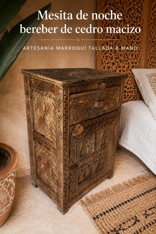 Mesita de noche bereber de madera Decoración Marroquí tallada a mano
